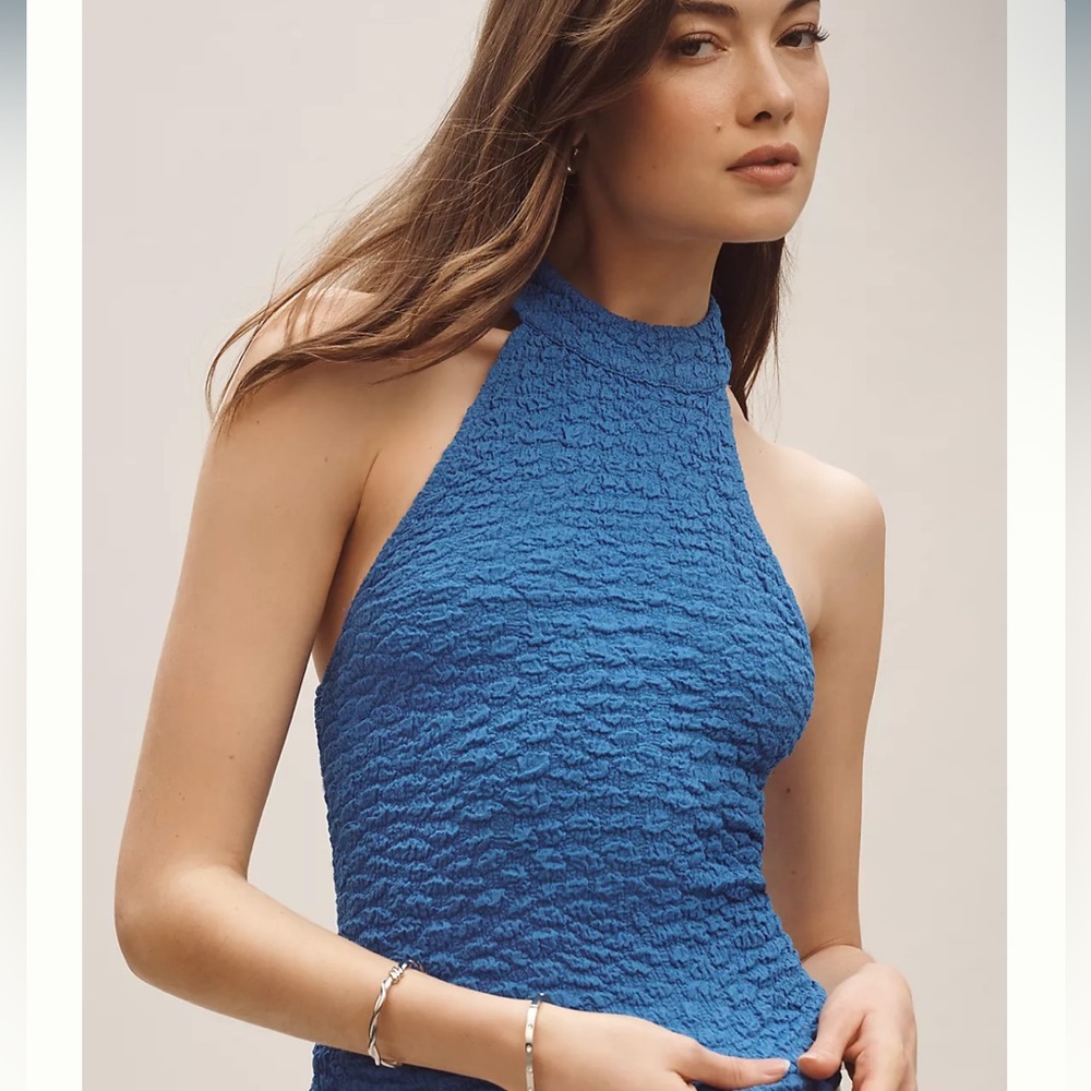 NWT Maeve textured high-neck halter top in blue, sz M